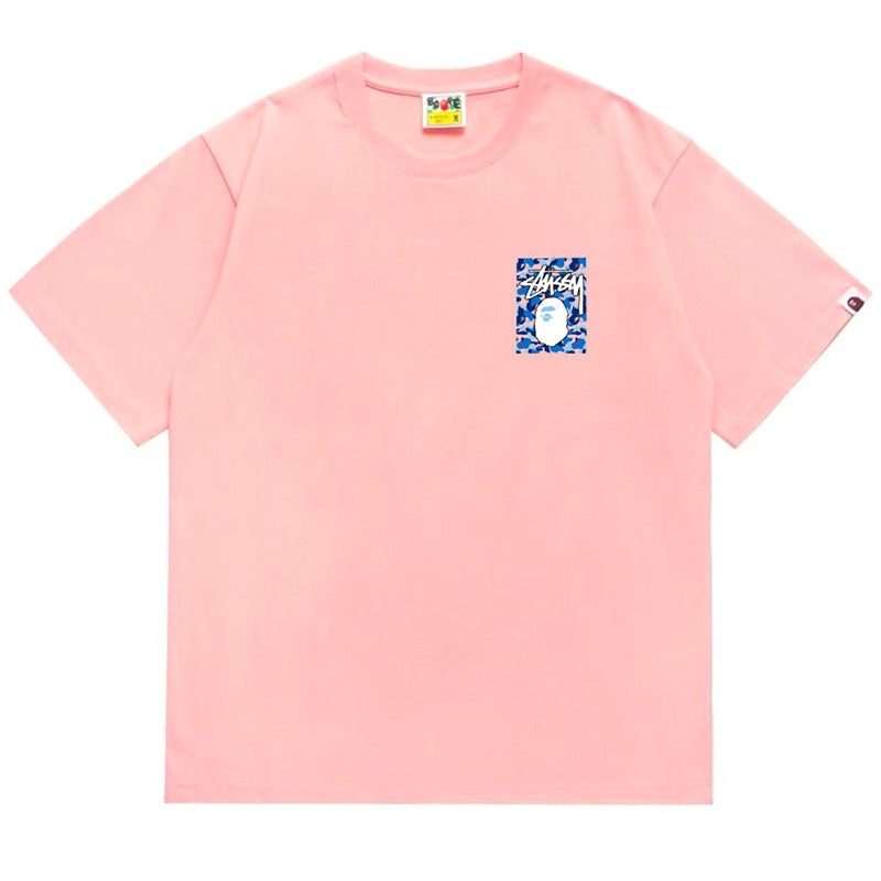 BAPE x Stussy Blue Camo Back Print Men's T-Shirt - Pink