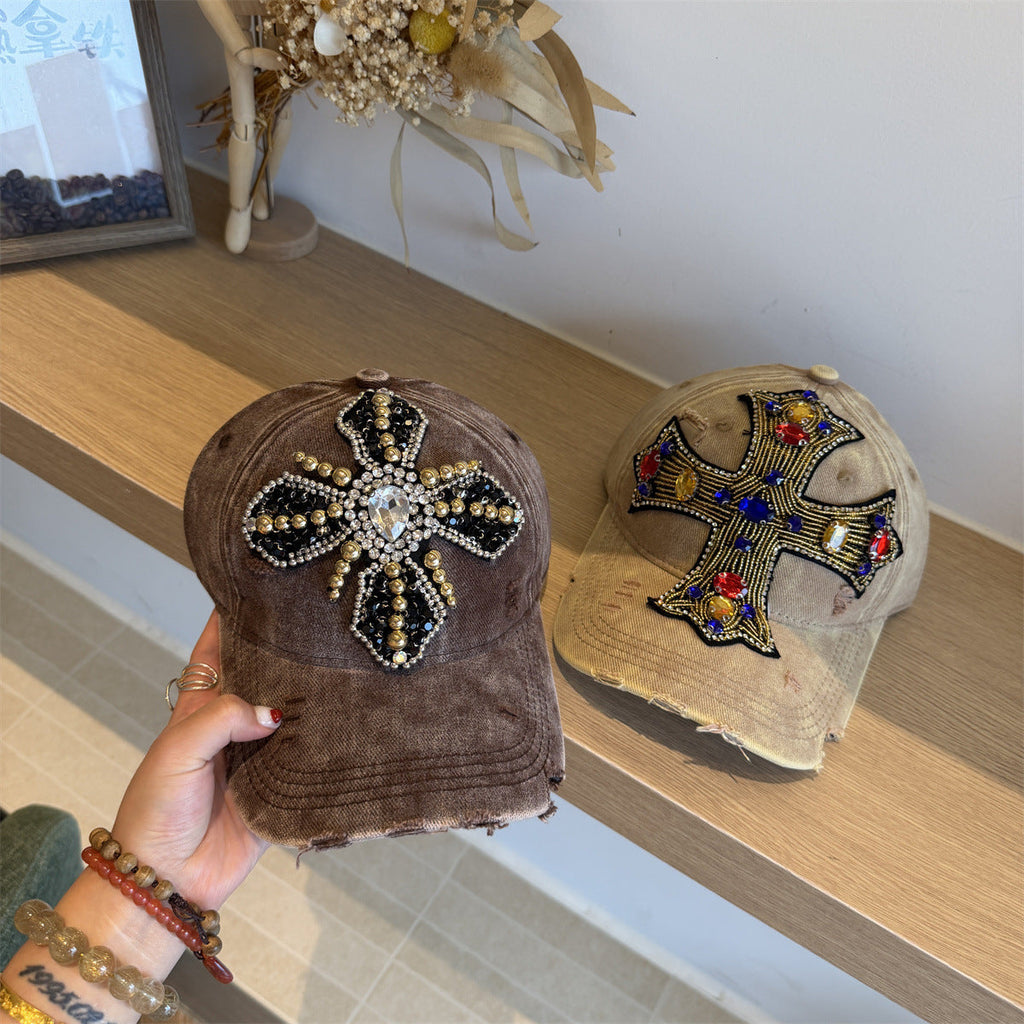 Rhinestone Cross Beaded Distressed Baseball Cap Streetwear Multi‑Style