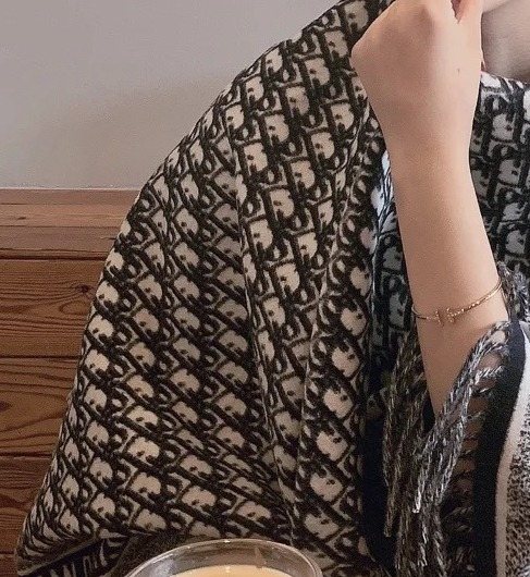 Dior Black & Ivory Fringed Shawl