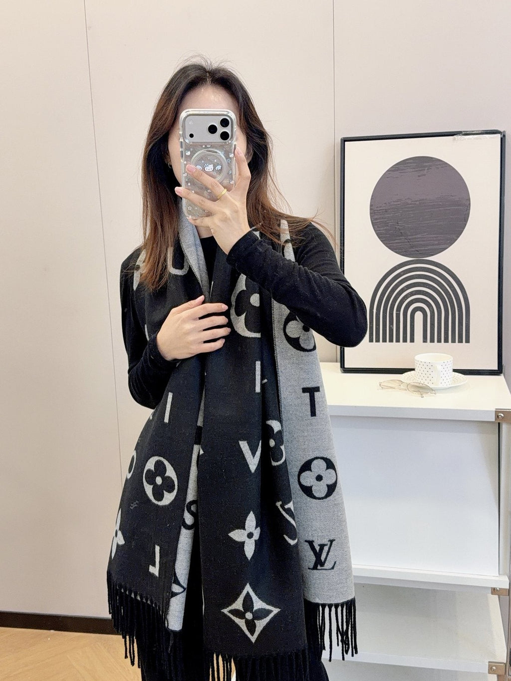 Louis Vuitton Black & Gray Patterned Scarf