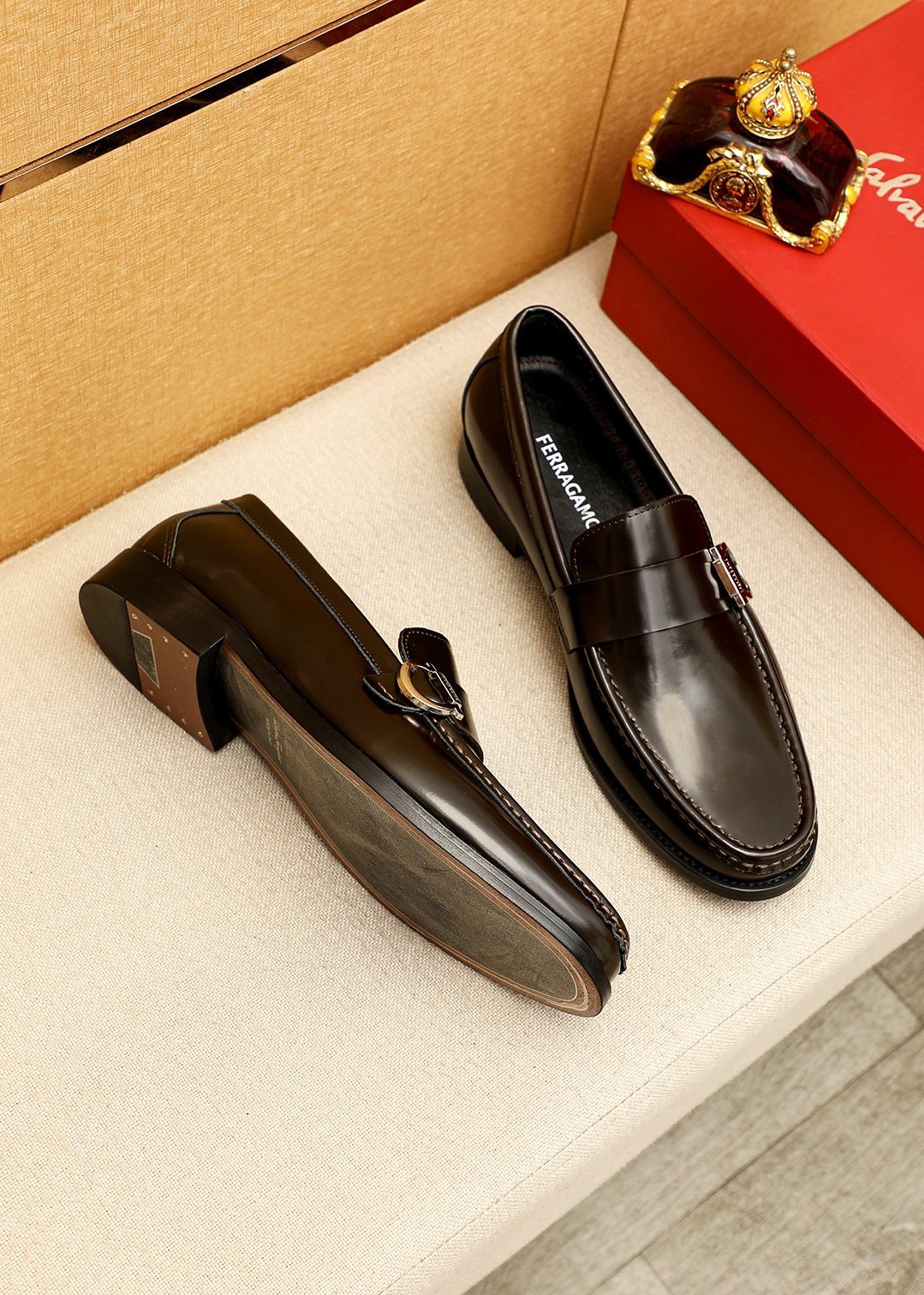 Ferragamo Black Buckle Moc-Toe Loafers
