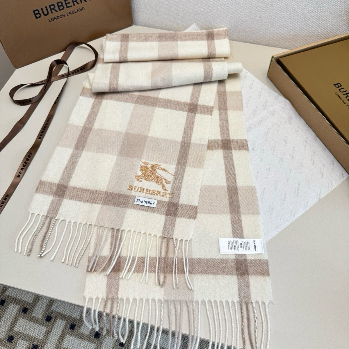 Burberry Cream Taupe Check Fringed Scarf