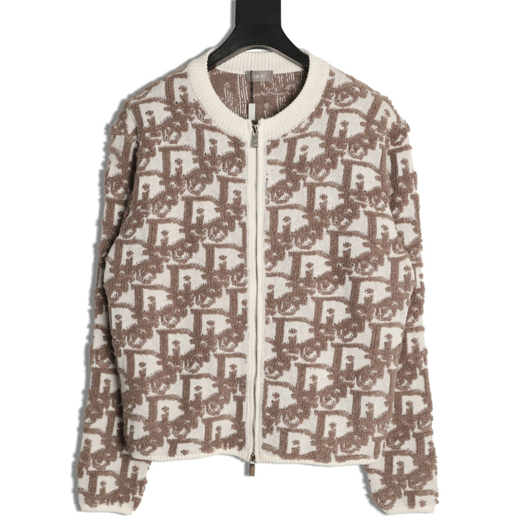 Dior CD Oblique Pattern Zip-Front Knit Cardigan - Beige